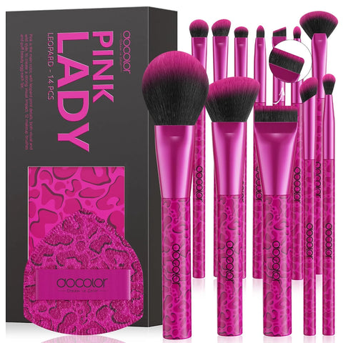 docolor Makeup Brushes 12PCS Pink Leopard Makeup Brush Set Premium Synthetic Foundation Powder Concealers Eyeshadow Blush Make Up Brushes with 1PC Large Powder Puffs