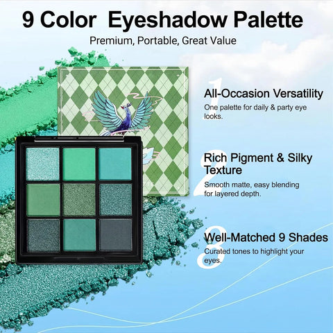 Erinde Green Eyeshadow Palette, 9 Colors Bright Dark Green Shimmer Matte Metallic Glitter Eye Shadow Palettes, Forest Emerald Lime Pallet Kit for Cosplay Parties Christmas Halloween SFX