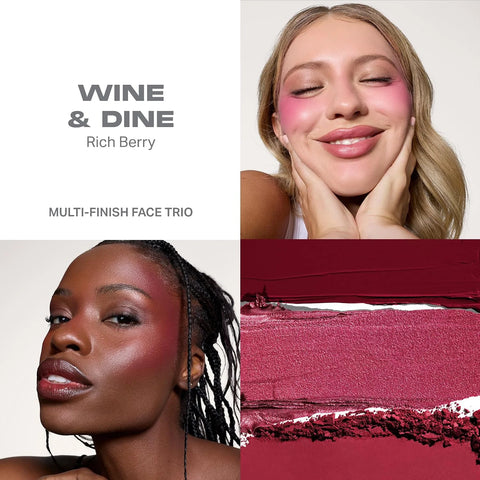 Morphe Cheek Thrills Multi-Finish Face Trio - Blush for Cheeks with Cream, Balm, and Powder Finishes - Buildable Monochromatic Face Palette for Glow and Dimension - Wine & Dine (0.38 oz)