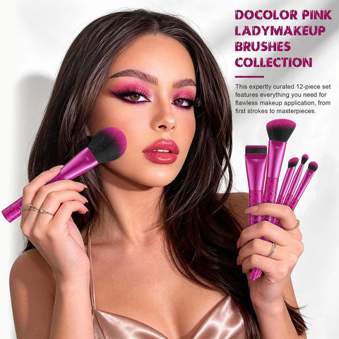 docolor Makeup Brushes 12PCS Pink Leopard Makeup Brush Set Premium Synthetic Foundation Powder Concealers Eyeshadow Blush Make Up Brushes with 1PC Large Powder Puffs