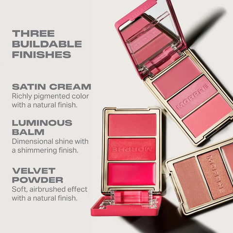 Morphe Cheek Thrills Multi-Finish Face Trio - Blush for Cheeks with Cream, Balm, and Powder Finishes - Buildable Monochromatic Face Palette for Glow and Dimension - Cabana Club (0.38 oz)