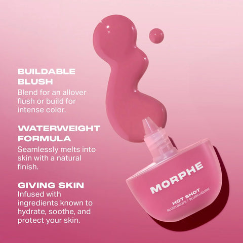 Morphe Hot Shot Blush Drops - Hydrating, Buildable Liquid Blush for Cheeks with Niacinamide and Antioxidants- Buildable, Waterweight Formula for a Natural Finish - Power Drip (0.5 Fl Oz)