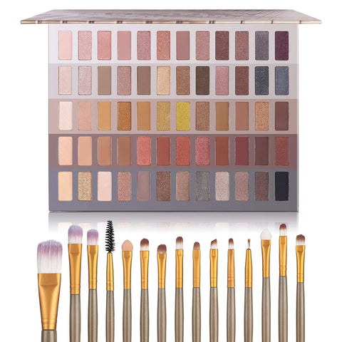 UCANBE Pro 60 Shades Eyeshadow Palette + 15 pcs Makeup Brushes Set High Pigmented Naked Nudes Shimmer Matte Metallic Smokey Eye Shadow Soft Synthetic Powder Cream Blending Brush Neutral Pallet Kit