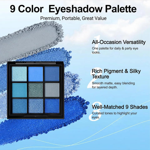 Erinde Blue Eyeshadow Palette, 9 Colors Gray Navy Blue Shimmer Matte Metallic Glitter Eye Shadow Palettes, High-Pigment Eye Makeup Pallet Kit for Cosplay Parties Christmas Halloween SFX