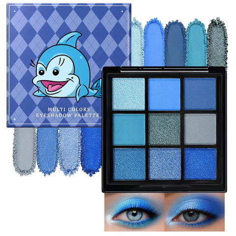 Erinde Blue Eyeshadow Palette, 9 Colors Gray Navy Blue Shimmer Matte Metallic Glitter Eye Shadow Palettes, High-Pigment Eye Makeup Pallet Kit for Cosplay Parties Christmas Halloween SFX
