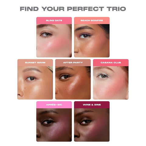 Morphe Cheek Thrills Multi-Finish Face Trio - Blush for Cheeks with Cream, Balm, and Powder Finishes - Buildable Monochromatic Face Palette for Glow and Dimension - Wine & Dine (0.38 oz)