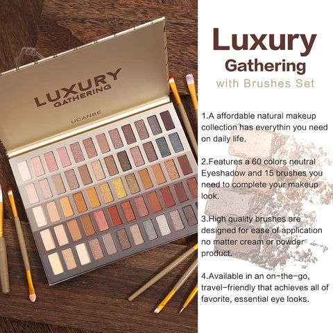 UCANBE Pro 60 Shades Eyeshadow Palette + 15 pcs Makeup Brushes Set High Pigmented Naked Nudes Shimmer Matte Metallic Smokey Eye Shadow Soft Synthetic Powder Cream Blending Brush Neutral Pallet Kit