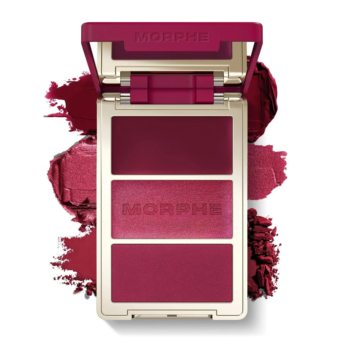 Morphe Cheek Thrills Multi-Finish Face Trio - Blush for Cheeks with Cream, Balm, and Powder Finishes - Buildable Monochromatic Face Palette for Glow and Dimension - Wine & Dine (0.38 oz)